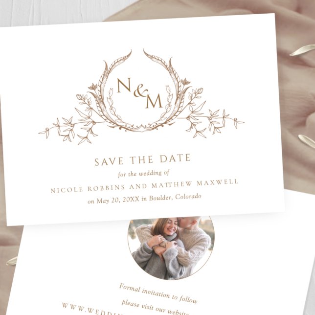 Foto, elegante Beige-Creme-Monogramm-Hochzeit Save The Date (Von Creator hochgeladen)