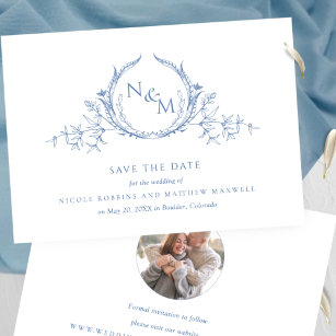 Foto, elegante blaue Monogramm Hochzeit speichern  Save The Date