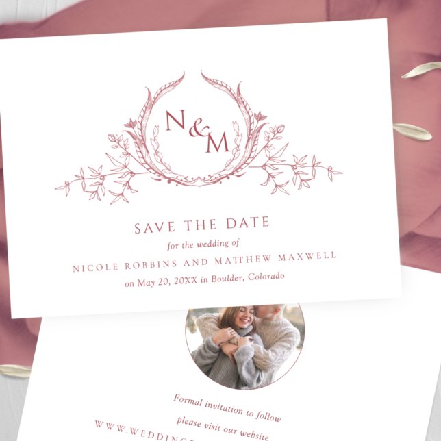 Foto, elegante Burgundy Monogram Wedding Save The Date (Von Creator hochgeladen)