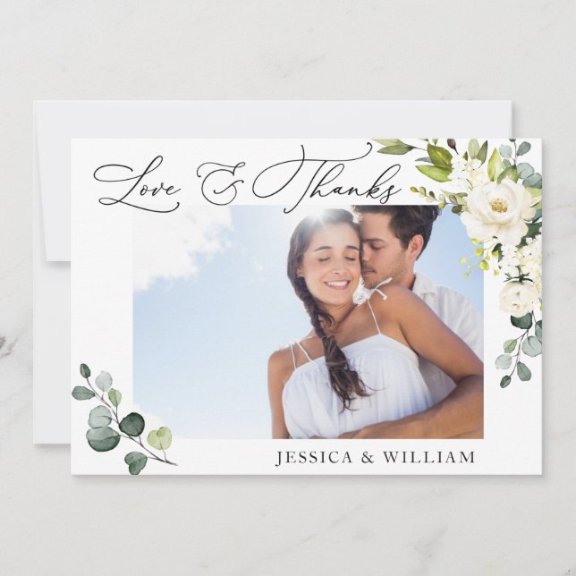FOTO Elegante Eukalyptus Weißer Rosen Blütenblättr Dankeskarte (Vorderseite)
