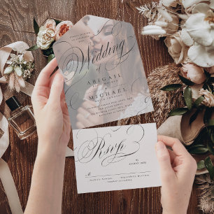 Foto elegante klassische Kalligrafie Vintage-Hochz All In One Einladung