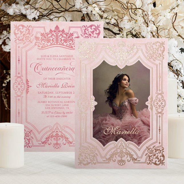 Foto Elegante Rosa Krone Tiara Royal Quinceanera Folieneinladung (Von Creator hochgeladen)