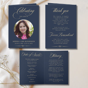 Foto Elegantes Blau Gold Schrift Trauerprogramm Karte