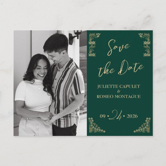 Foto, Elegantes Gold Art Deco auf Grün Save the Da Postkarte (Vorderseite)