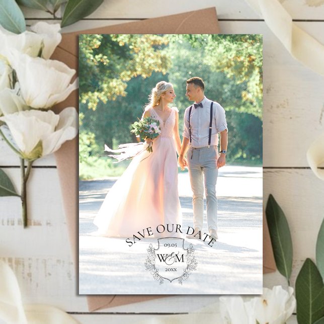 Foto Elegantes Wappen Monogramm Save The Date (Photo Elegant Crest Monogram Save The Date)