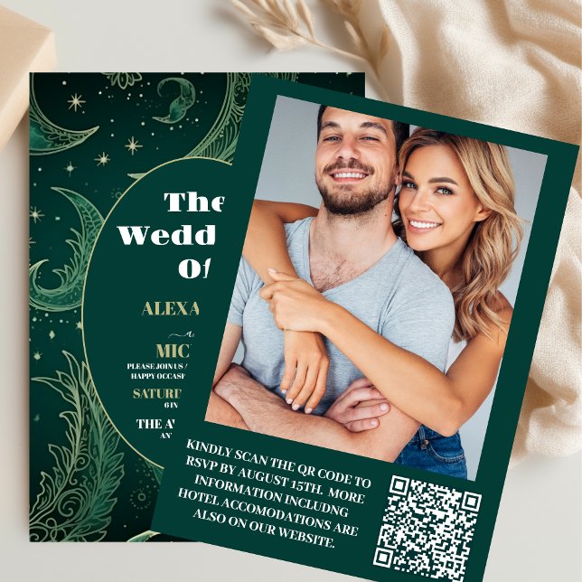 Foto Emerald Green Gold Celestial Wedding Einladung (Von Creator hochgeladen)