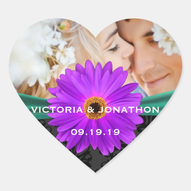 Foto Emerald Green und Plum Gerber Daisy Wedding Herz-Aufkleber (Vorderseite)