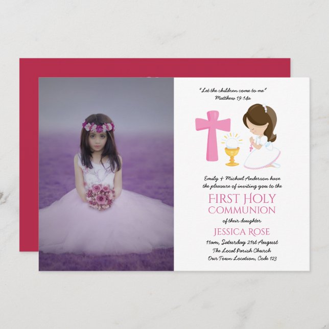 FOTO Erste Heilige Kommune Einladung Girl BRÜNETT (Vorne/Hinten)