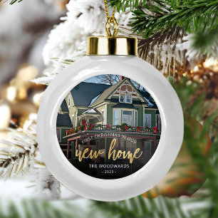 Foto Erstes Weihnachten Neues Zuhause Gold Schrift Keramik Kugel-Ornament
