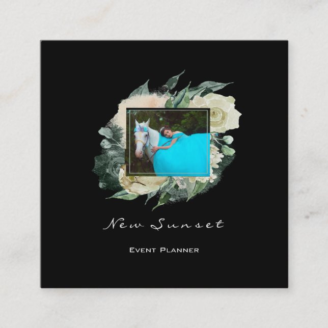 Foto Eventplaner Schwarz-weiß Gerahmt Florals Quadratische Visitenkarte (Vorderseite)