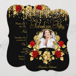 Foto Fabulous 50 Party Rote Rosen Glitzer Gold Einladung