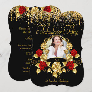 Foto Fantastische 50 Party-Rote Rosen Glitter Gold Einladung