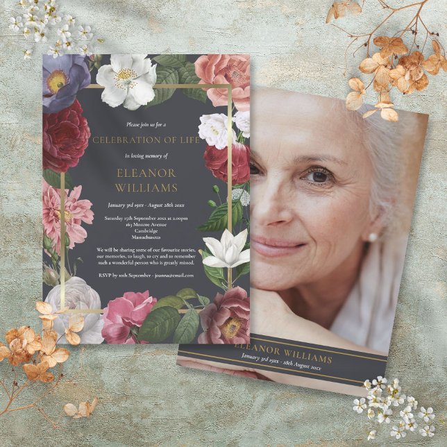 Foto Feier Lebensbeerdigung Rose Blumenbeerdigung Einladung (Photo Celebration of Life Funeral Rose Floral Invitation)