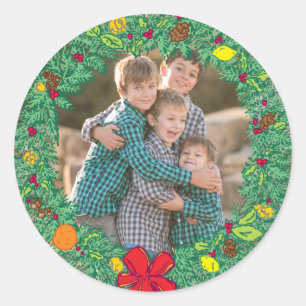 Foto-Feiertags-Aufkleber: Weihnachtswreath-Foto Runder Aufkleber