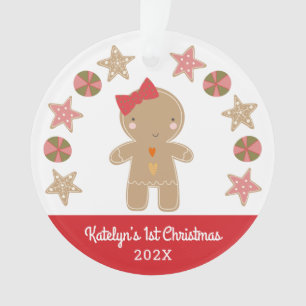 Foto First Christmas Gingerbread Girl Baby Red Ornament