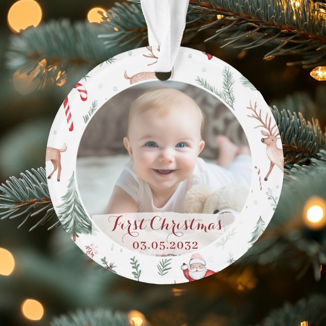 Foto First Christmas Script Classic Muster Ornament (First Christmas Photo Script Classic Rustic Pattern Ornament)