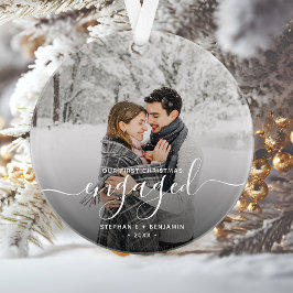 Foto First Christmas Verlobt White Script Ornament