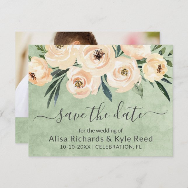 Foto Floral Beige Blush Gold Green Save the Date Ankündigung (Vorne/Hinten)