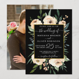 Foto Floral Beige Blush Rose Gold Black Wedding Einladung
