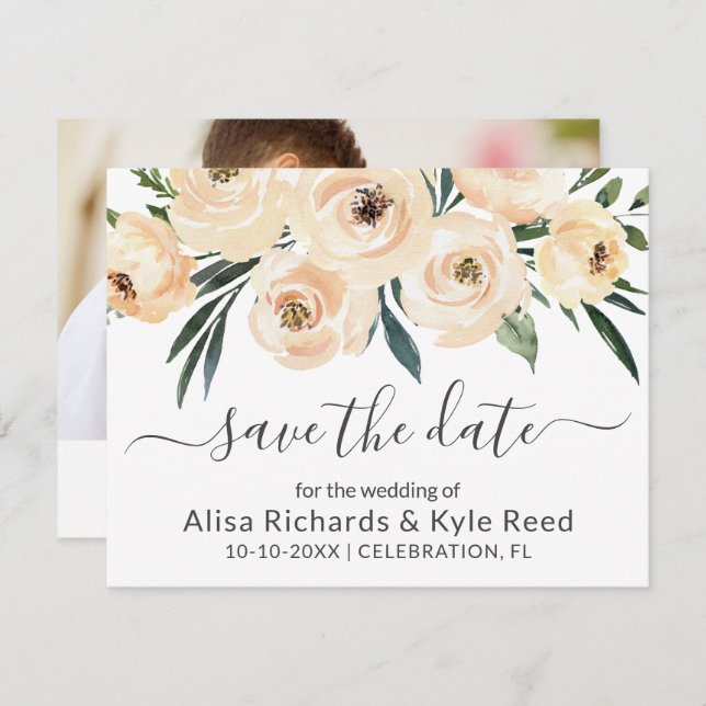Foto Floral Beige Blush Rose Gold Save the Date Ankündigung (Vorne/Hinten)