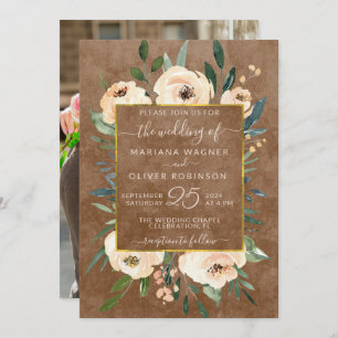 Foto Floral Beige Blush Rose Goldbraune Hochzeit Einladung