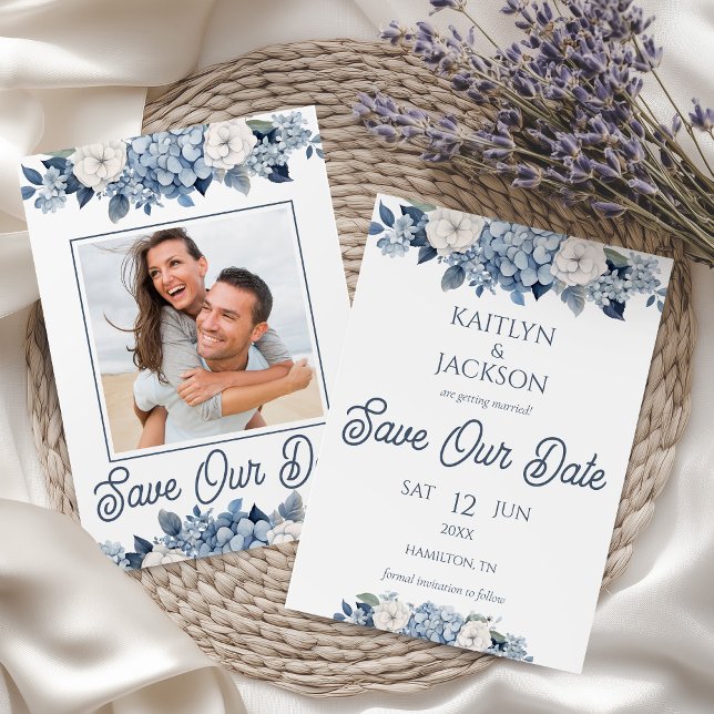 Foto Floral Blue Hydrangea Hochzeit speichern das  Einladung (Floral Blue Hydrangea Wedding Save the Date Card)
