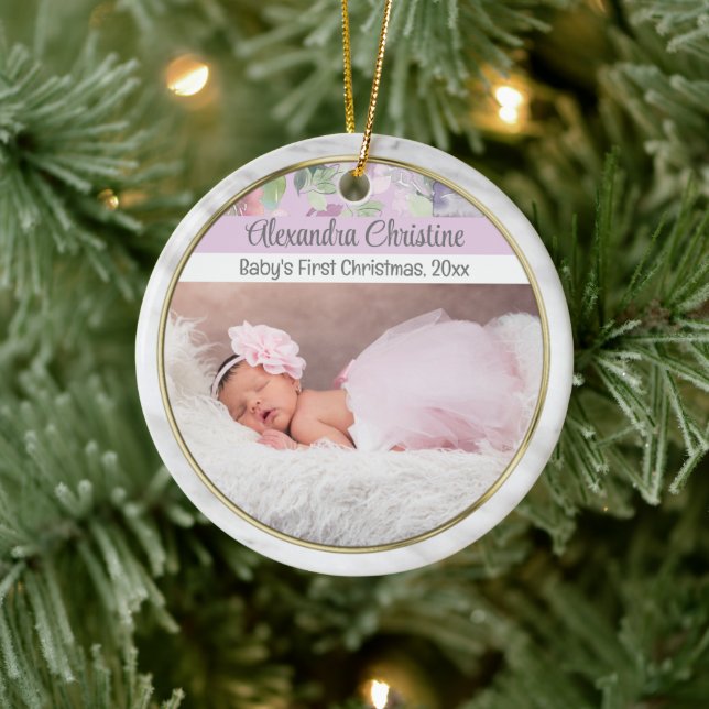 Foto Floral Doppelseitig 2 Picture Baby First Keramik Ornament (Baum)