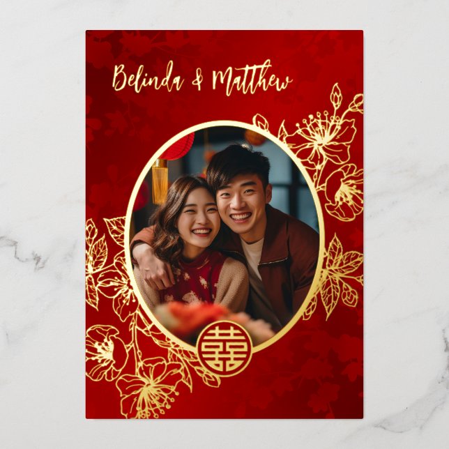 Foto Floral Line Chinesische Hochzeit Folieneinladung (Vorderseite)
