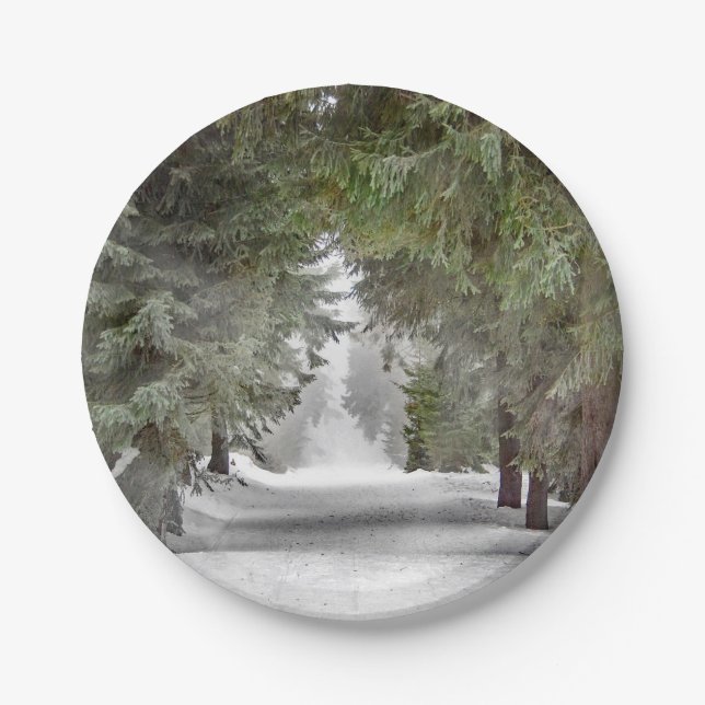 Foto "Forest Road Snow Pine Tree" Pappteller (Vorderseite)