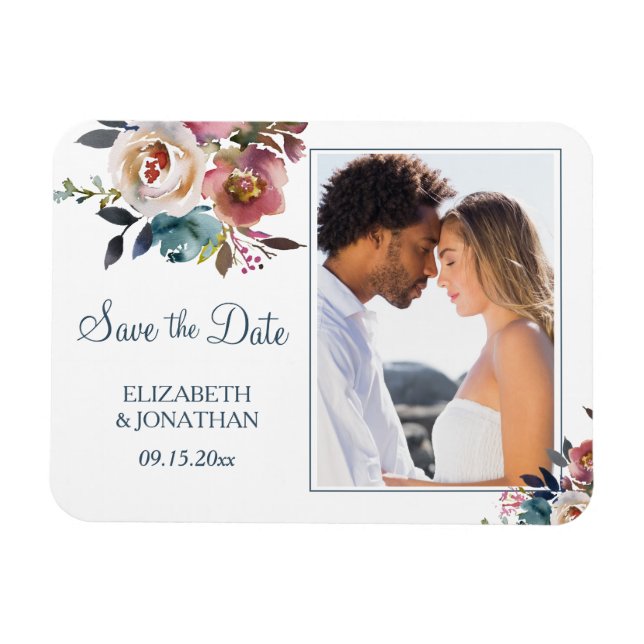 Foto Formal Dusty Blue Wine Burgundy Floral Magnet (Horizontal)