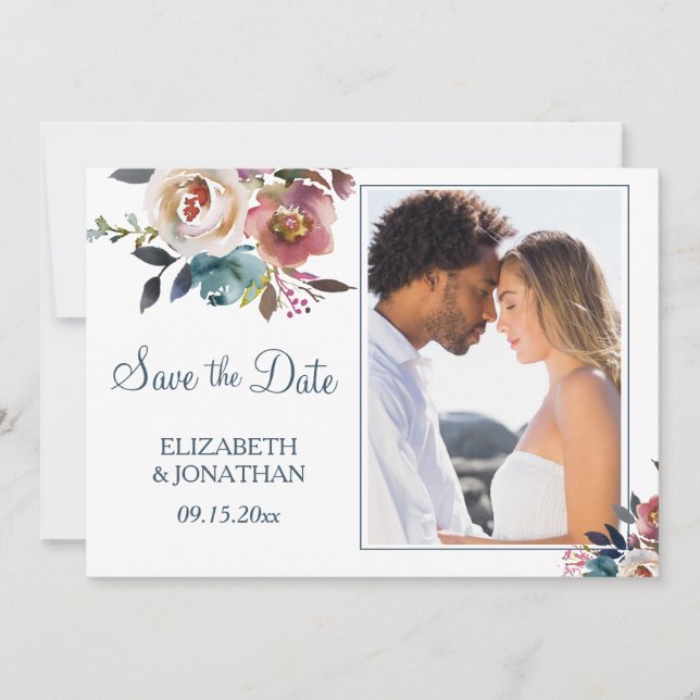 Foto Formal Dusty Blue Wine Burgundy Floral Save The Date (Vorderseite)