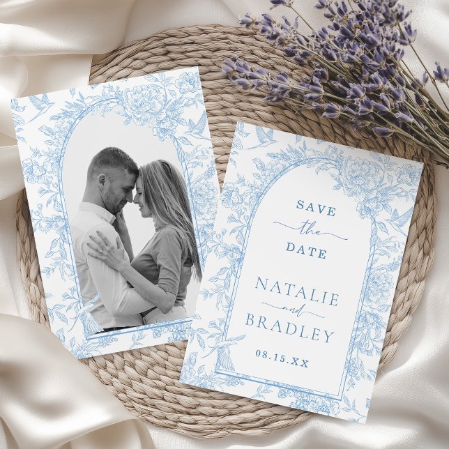 Foto French Blue Floral Wedding Save the Date Einladung (French Blue Floral Photo Save the Date Card)