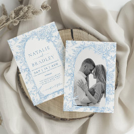 Foto French Toile Blue und White Floral Wedding Einladung