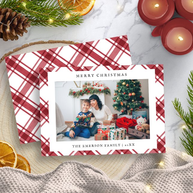 Foto Frohe Weihnachten Karierte Ferienwohnung Kart (Photo Merry Christmas Plaid Flat Holiday Card
)