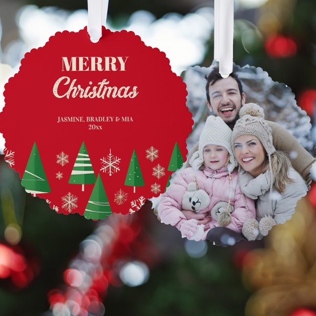 Foto Frohe Weihnachten Rot-Grün-Retro-Bäume Ornament Karte (Photo Merry Christmas red green retro trees Ornament greeting Card modern photo Christmas greetings)
