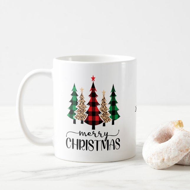 Foto Frohe Weihnachten Rote Grüne Karierte Bäume Kaffeetasse (Mit Donut)