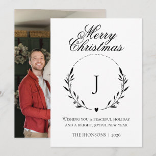 Foto Frohe Weihnachten Schwarz Weiß Kranz Monogram Dankeskarte