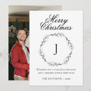 Foto Frohe Weihnachten Schwarz Weiß Kranz Monogram Dankeskarte
