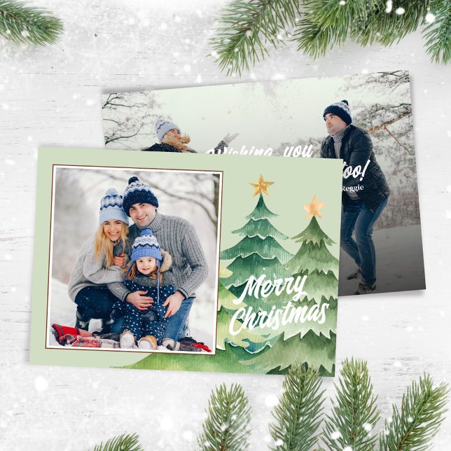 Foto Frohe Weihnachten Wasserfarben Weihnachtsbaum (Merry Christmas holiday photo card with watercolor Christmas trees. )