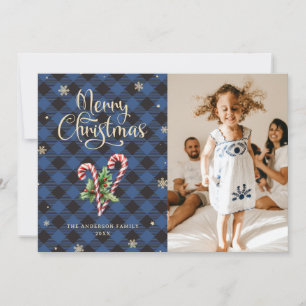 Foto Frohe Weihnachts Candy Cane Snowflakes Karier Feiertagskarte