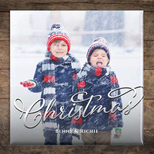 Foto Frohe Weihnachts-Skriptvorlage Magnet (Merry Christmas holiday photo magnet with silver calligraphy script. )