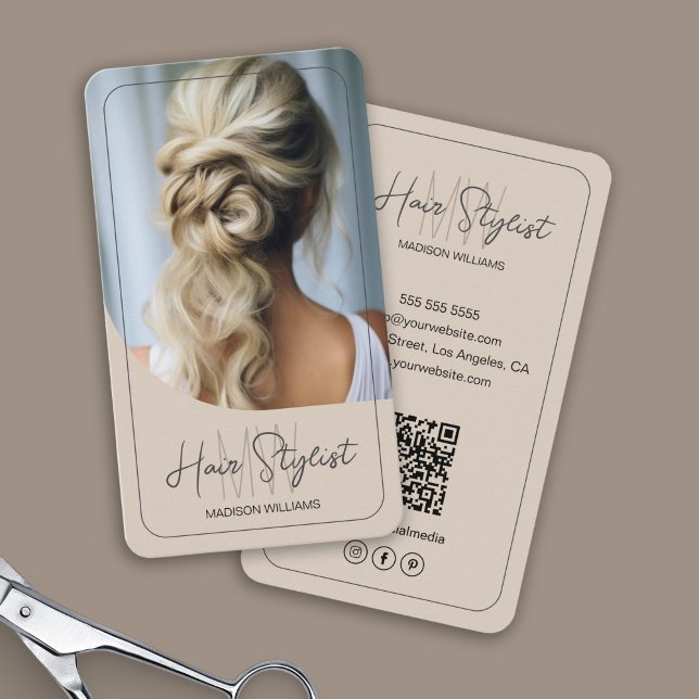 Foto für das Logokombinat "Hair Stylist Monogram" Visitenkarte (Hair Stylist Monogram Logo Photo Beige Business Card)
