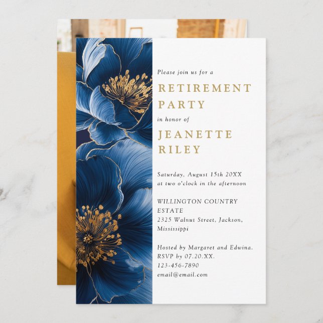 Foto für das Navy Blue Gold Floral Retirement Part Einladung (Vorne/Hinten)