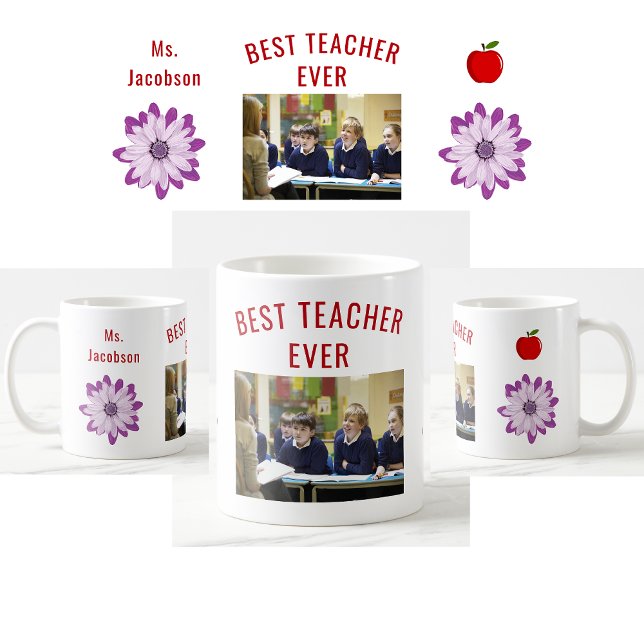 Foto für den besten Lehrer je Lehrer Kaffeetasse (Best Teacher Ever. Photo of students. Flowers. Apple. Modern, cute, elegant teacher appreciation mug)