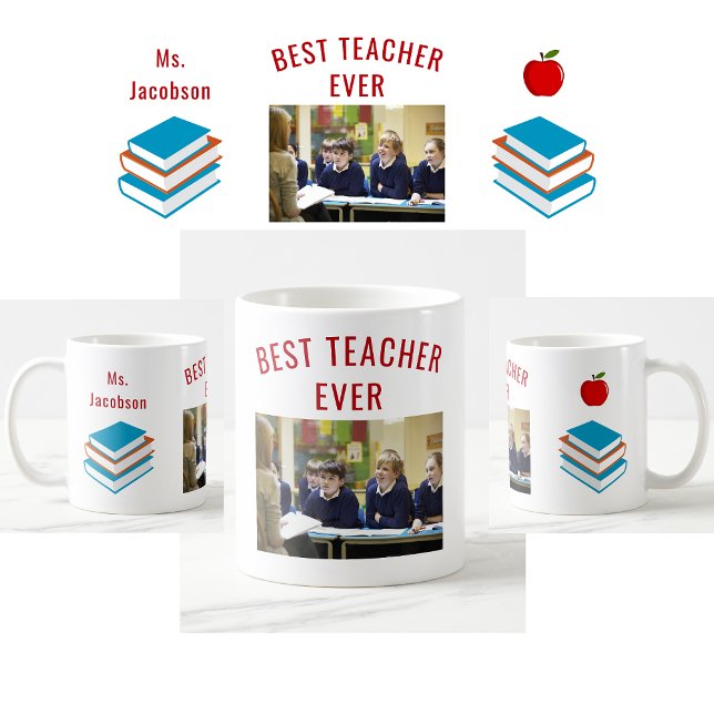 Foto für den besten Lehrer je Lehrer Kaffeetasse (Best Teacher Ever photo mug. Personalized name. Books. Apple. Modern, cute teacher appreciation mug)