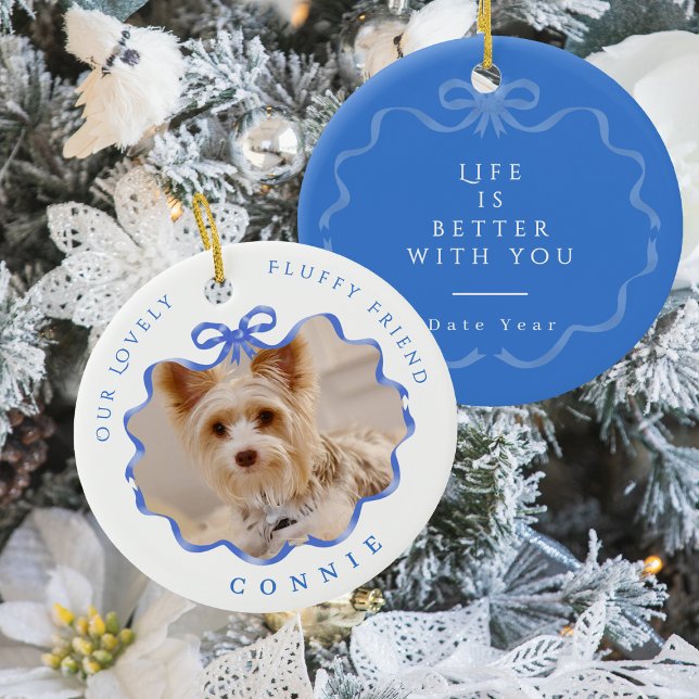 Foto für den Bow-Band-Speicher blau Keramik Ornament (Bow Ribbon Pet Memory Photo Blue Ceramic Ornament)