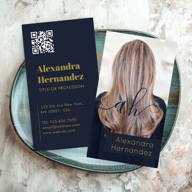 Foto für den ersten Qr-Code der Goldnavy Visitenkarte (Gold Navy Blue Hair Makeup Photo Initial Qr Code Business Card)