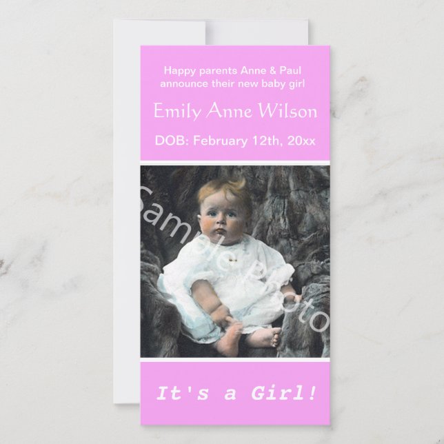 Foto für die Geburt eines Kindes rosa Ankündigung. Ankündigung (Vorderseite)