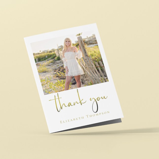 Foto für Gold Script-Abschluss Dankeskarte (Minimalist thank you photo card vertical folding template. )