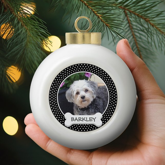 Foto für Haustiere mit Dog-Knochen - Schwarz-weiße Keramik Kugel-Ornament (Personalized Photo Ornament)